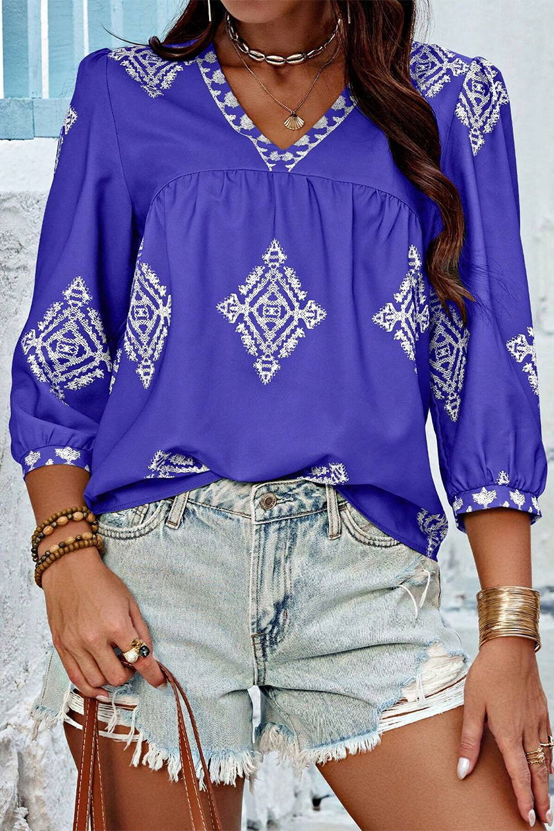 Kailani - casual geometric print lantern sleeve v neck top