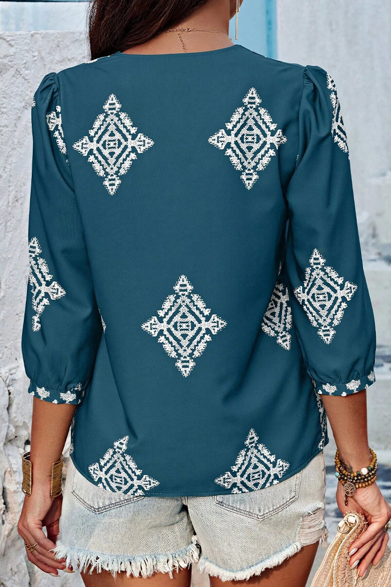Kailani - casual geometric print lantern sleeve v neck top