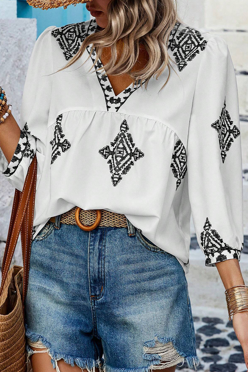 Kailani - casual geometric print lantern sleeve v neck top