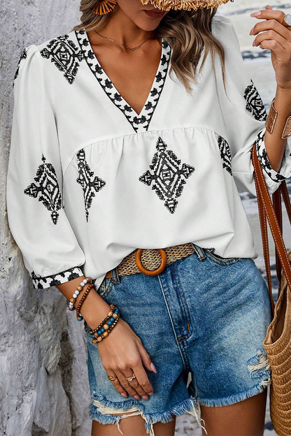 Kailani - casual geometric print lantern sleeve v neck top