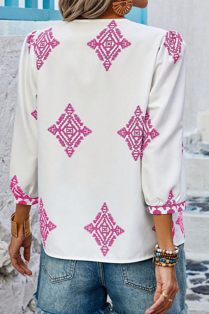 Kailani - casual geometric print lantern sleeve v neck top