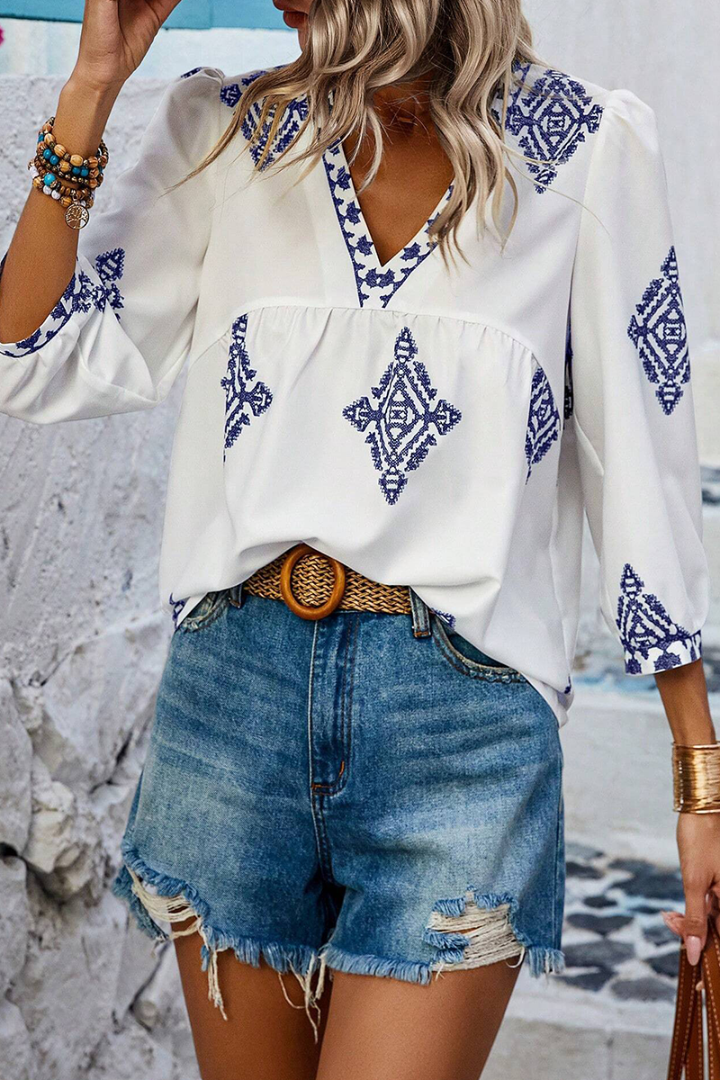 Kailani - casual geometric print lantern sleeve v neck top