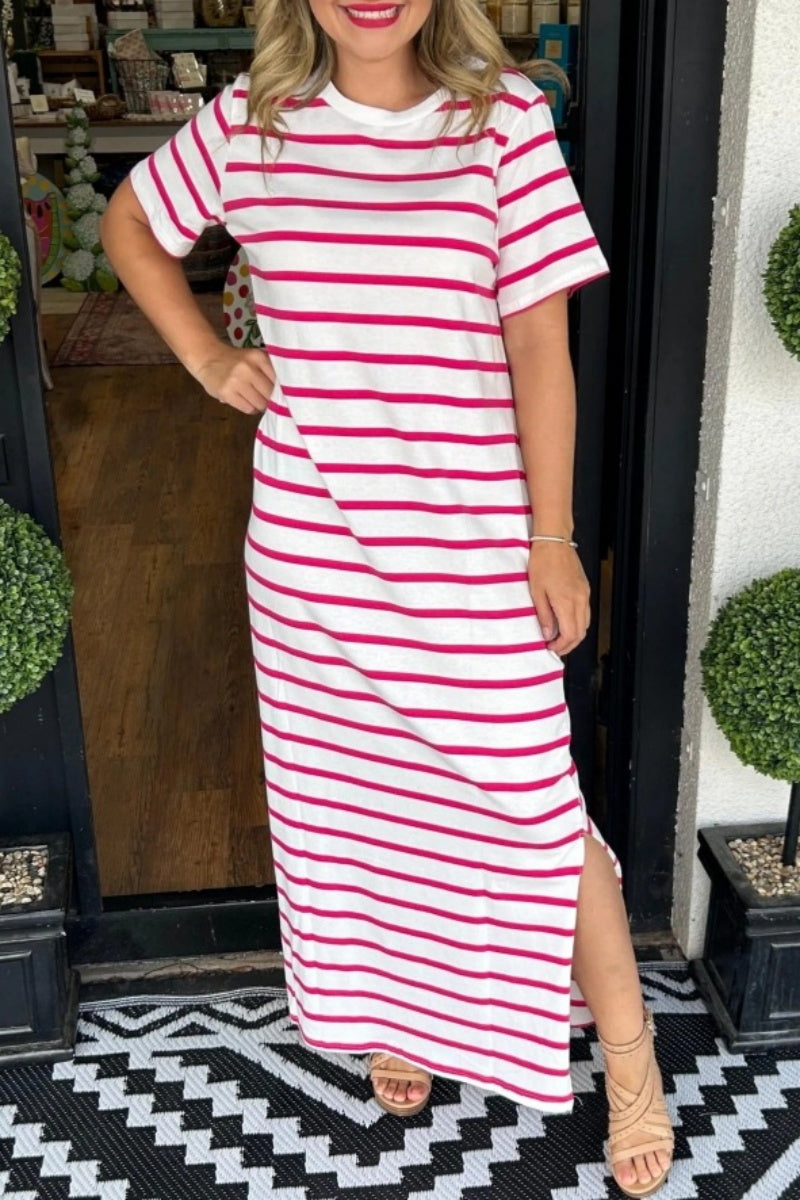 Emonie- casual striped print slit o-neck long dress