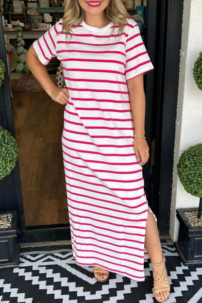Women's Maxi Dress - Striped Pattern - Round Neck - Short Sleeve Casual Wear