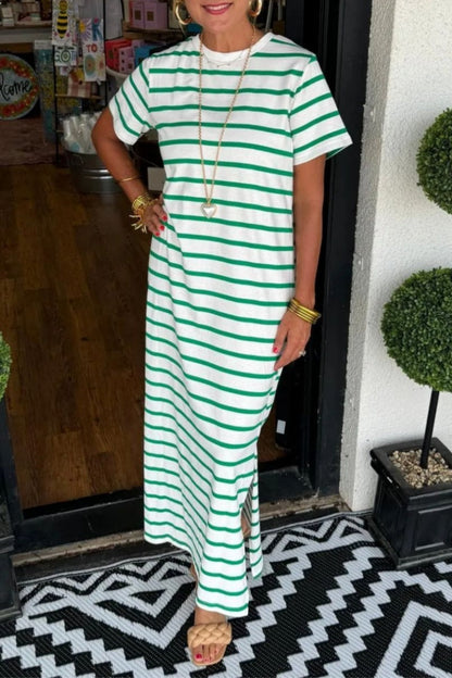 Women's Maxi Dress - Striped Pattern - Round Neck - Short Sleeve Casual Wear