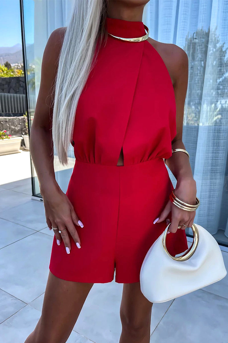 Women's Halter Neck Romper - Sleeveless - Waist-Defining Fit - Casual Shorts Style