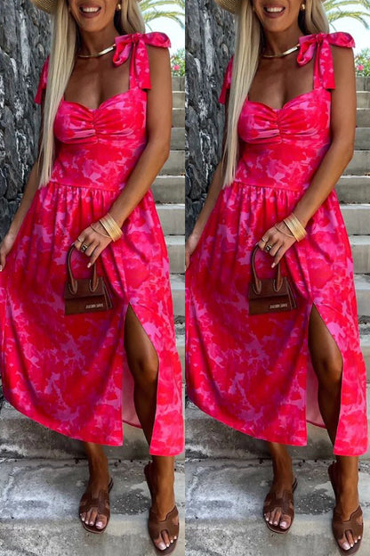 Women's Midi Dress - Sweetheart Neckline - Bow Straps - Side Slit Elegant Fit