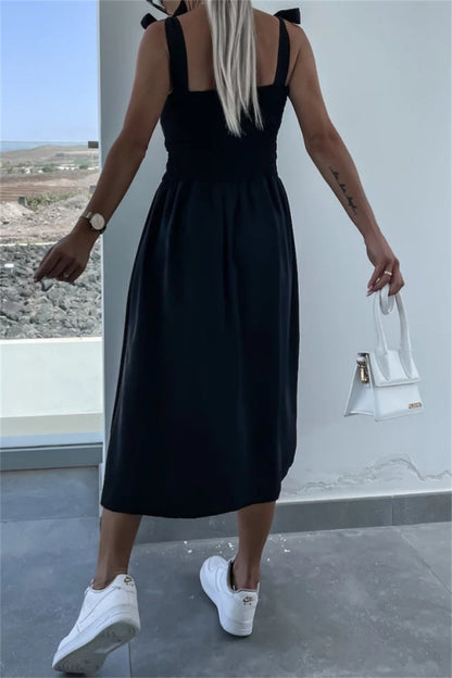 Women's Midi Dress - Sweetheart Neckline - Bow Straps - Side Slit Elegant Fit