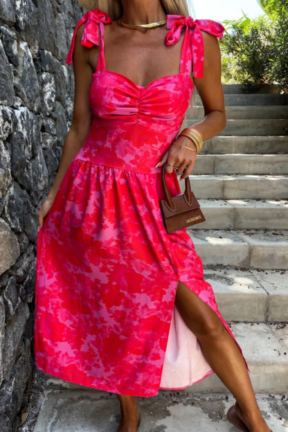 Women's Midi Dress - Sweetheart Neckline - Bow Straps - Side Slit Elegant Fit