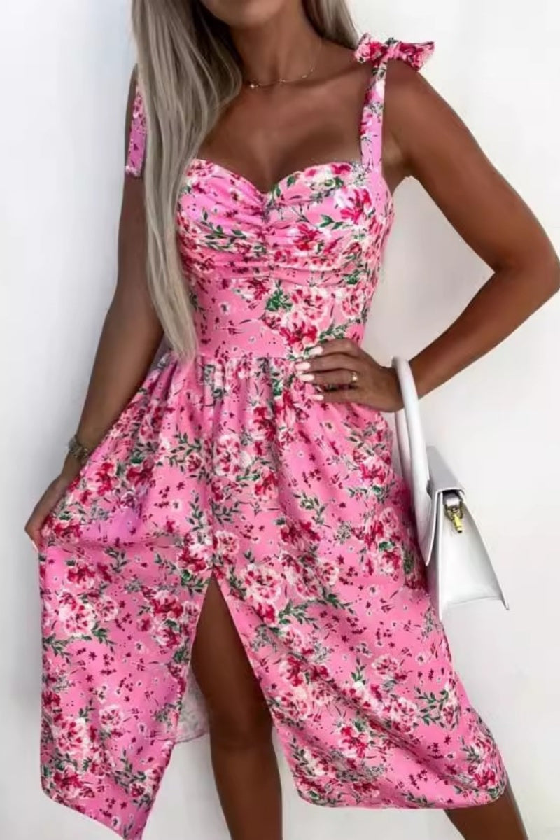 Women's Midi Dress - Sweetheart Neckline - Bow Straps - Side Slit Elegant Fit