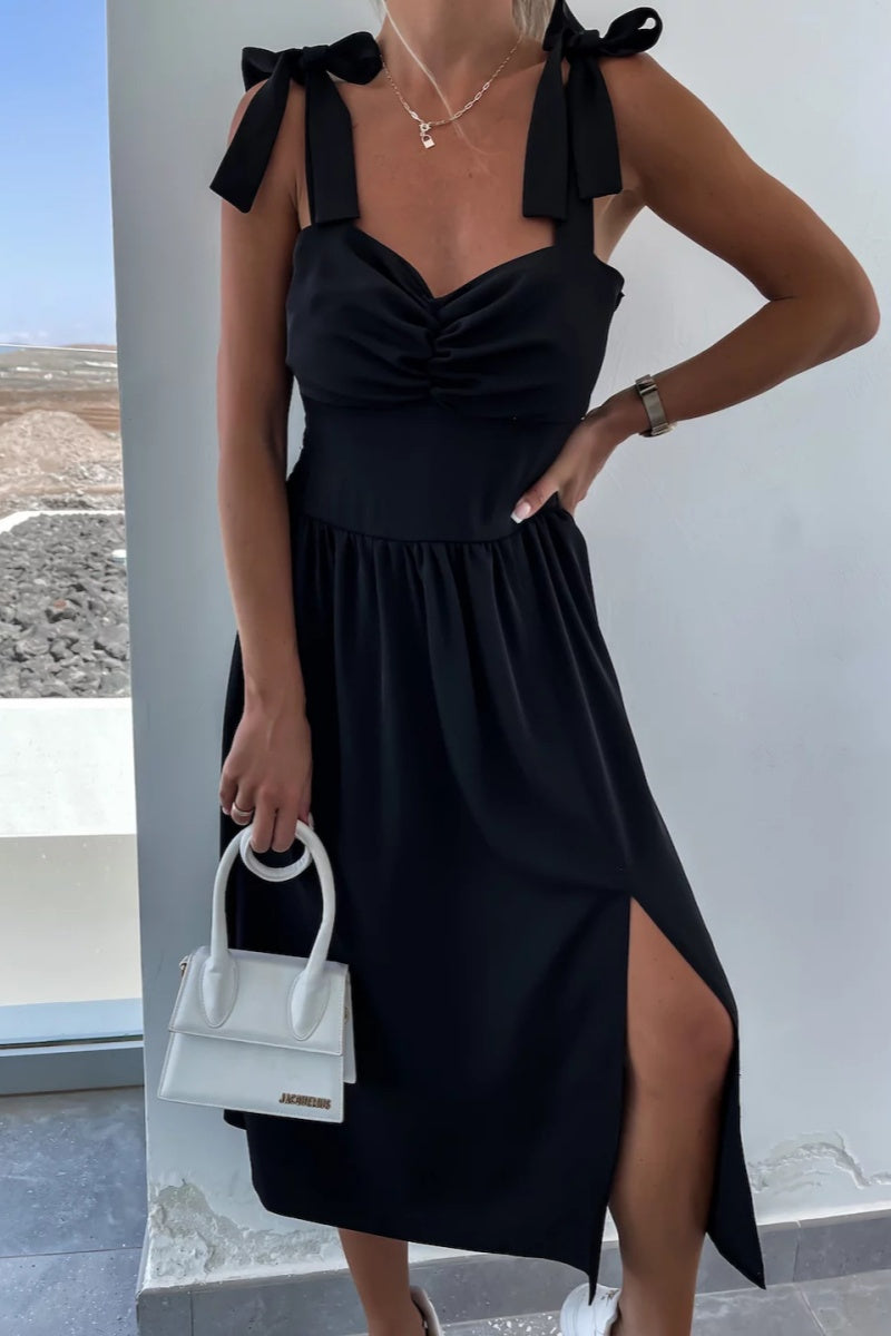 Women's Midi Dress - Sweetheart Neckline - Bow Straps - Side Slit Elegant Fit