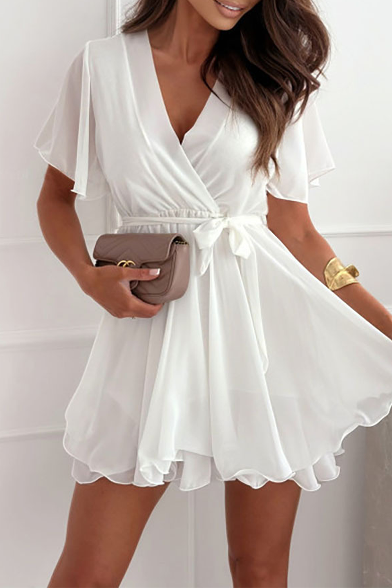 Women’s Wrap Dress - V-Neck - Flutter Sleeve - Ruffle Hem - Adjustable Tie Waist