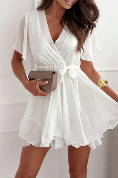 Women’s Wrap Dress - V-Neck - Flutter Sleeve - Ruffle Hem - Adjustable Tie Waist