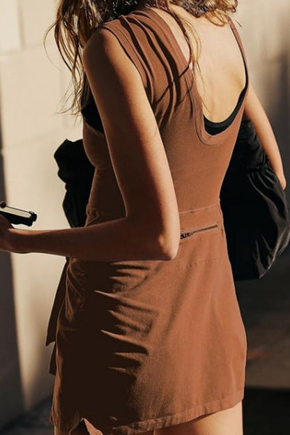 Women's Sleeveless Bodycon Dress - High Neck - Wrap Tie Waist - Stretchy Fabric
