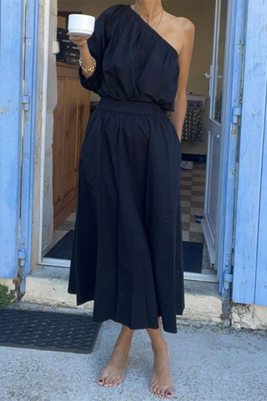 Oblique Collar Casual Blouse and Skirt Set