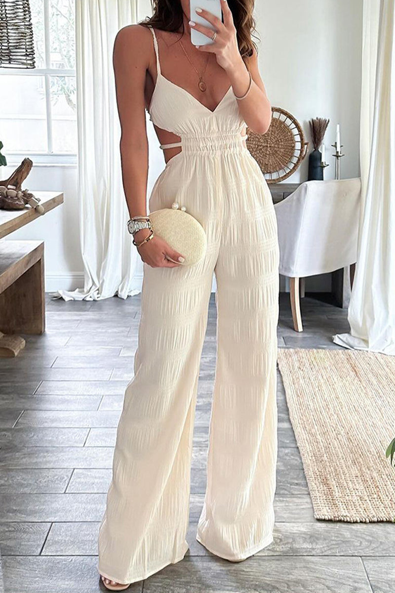 Women's Jumpsuit - Sleeveless Wide-Leg - V-Neck with Cutout Waist - Adjustable Straps