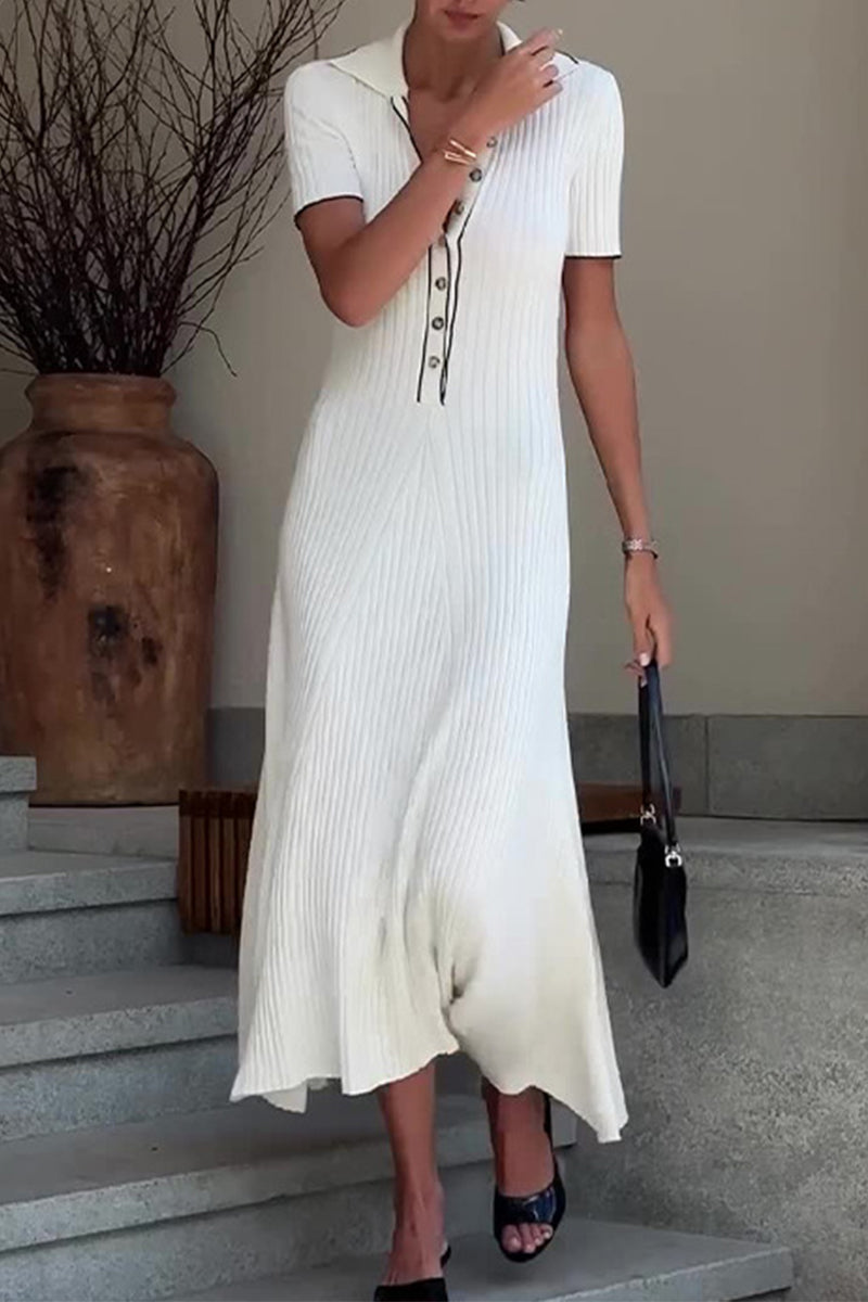 Women's Ribbed Knit Dress - Polo Collar - Button-Up Front - Short Sleeve Midi Length