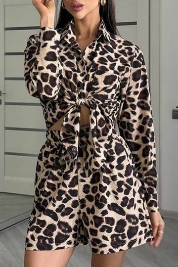 Taraji - leopard print pocket knotted turndown collar long sleeve and short set