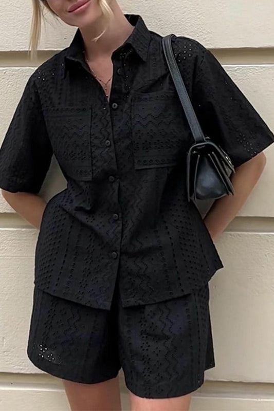 Eyelet Embroidered Short Sleeve Shirt and Shorts Set