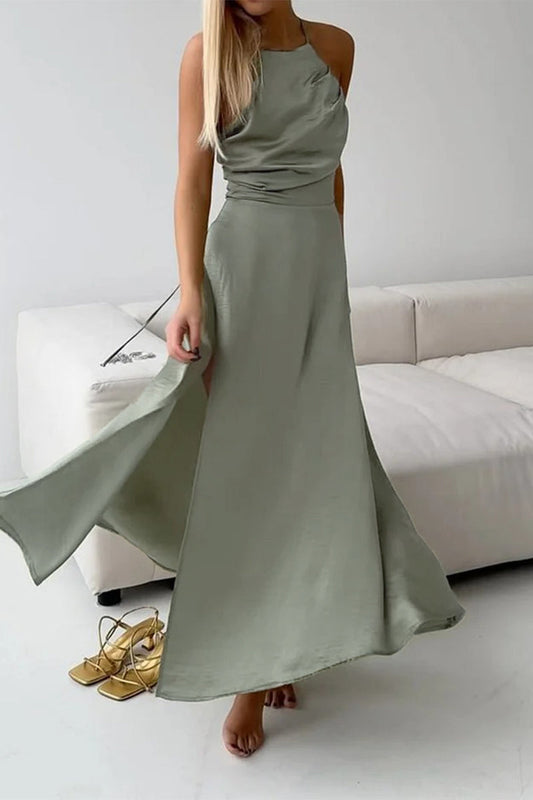 Draped Flowy Cinched Waist Maxi Dress