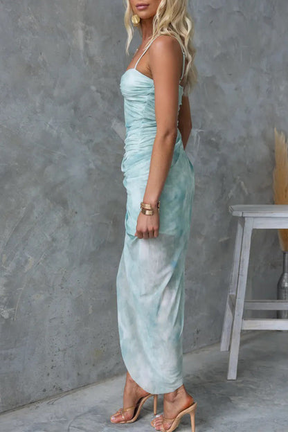 Women's Maxi Dress - Sleeveless Spaghetti Straps - Ruched Bodice - Floral Print