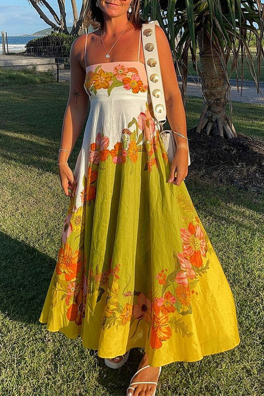 Flowing Floral Print Spaghetti Strap Maxi Dress