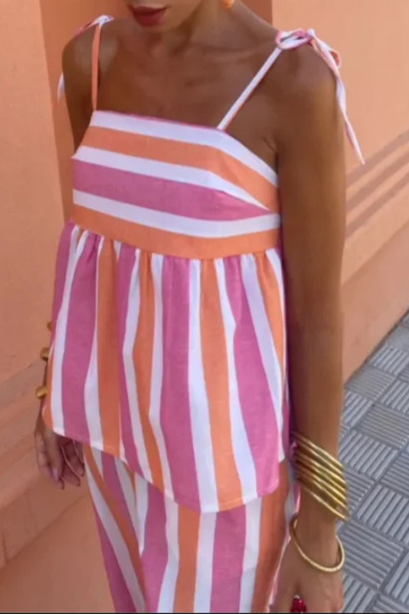 Women's Two-Piece Set - Sleeveless Tie-Strap Top & High-Waist Wide-Leg Pants
