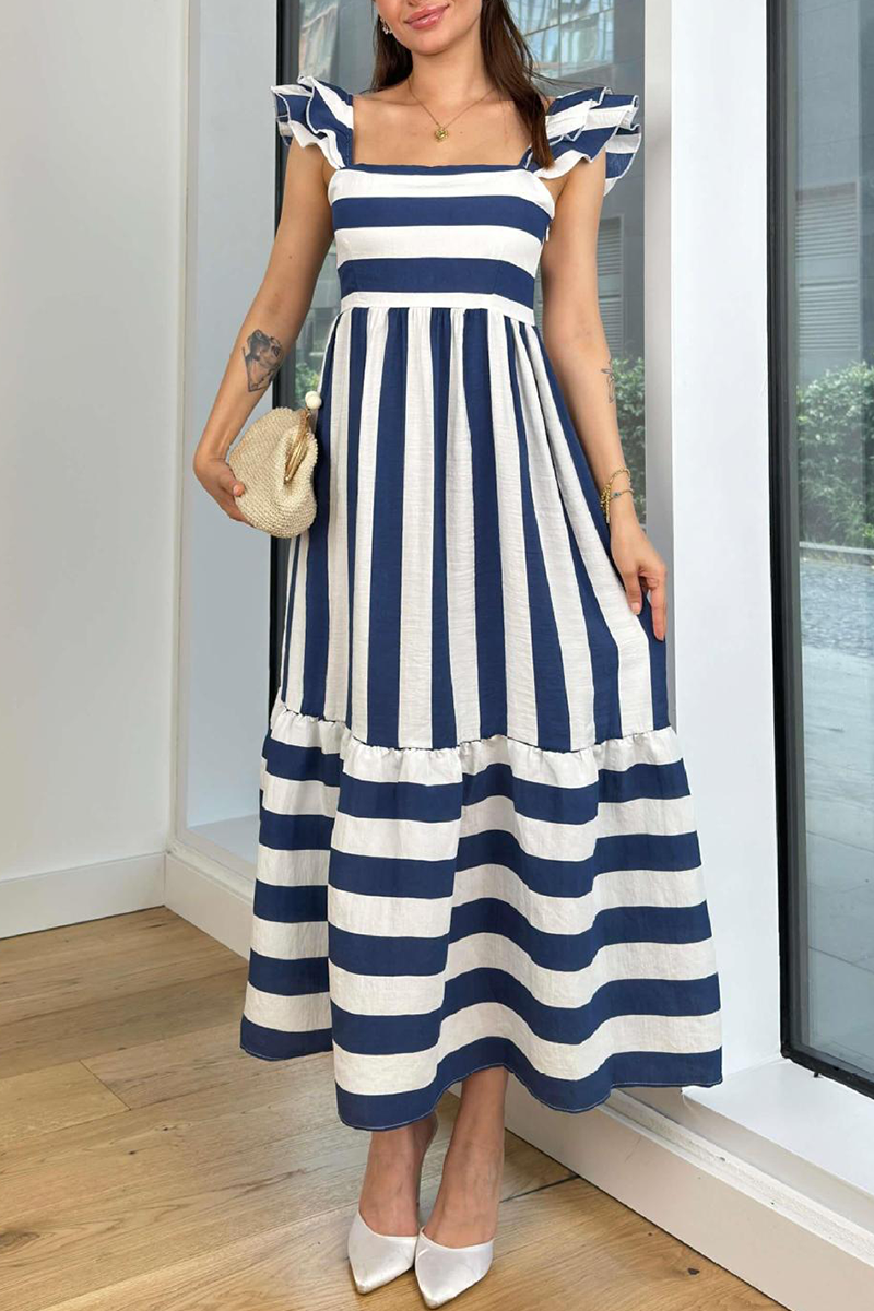 Amahle - elegant ruffle sleeve striped print square neck midi dress