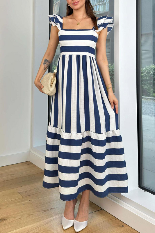 Striped Ruffle Sleeve High Waist Maxi Dress