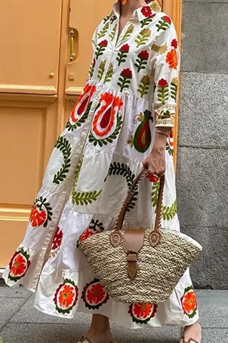 Women's Maxi Dress - Floral Print - Long Sleeve - Button-Up Collar - Loose Fit