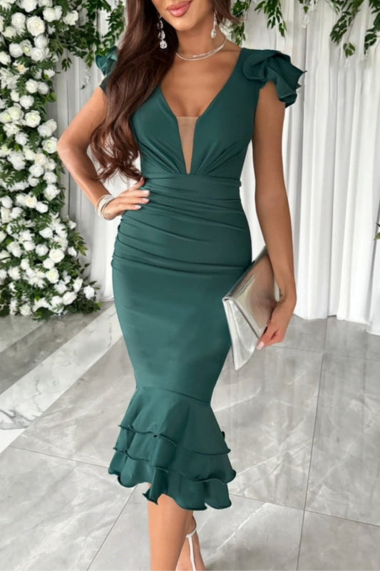 Ruffle Shoulder Wrap Style Cocktail Dress