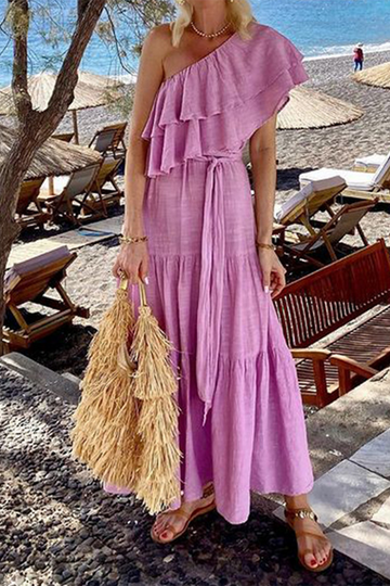 Women's One-Shoulder Maxi Dress - Ruffle Layered Neckline - Flowy Tiered Skirt