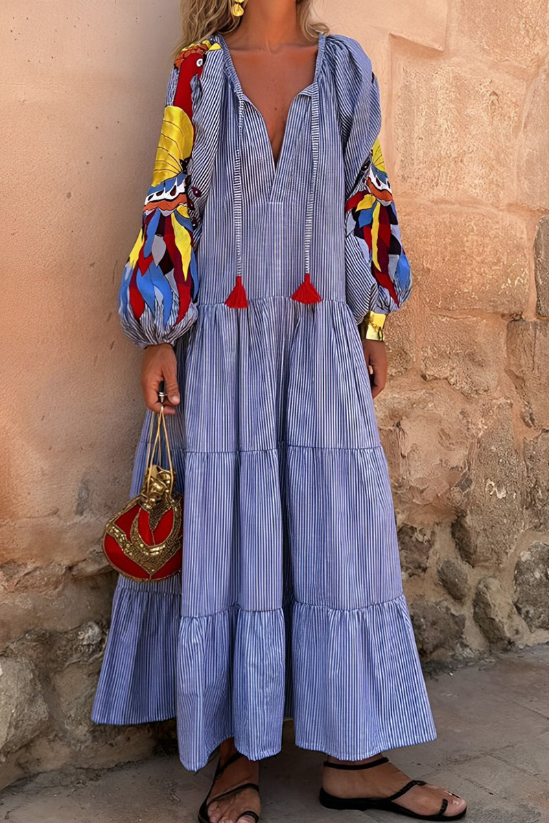 Women’s Maxi Dress – Boho Tiered Fit – Deep V-Neck with Tassel Tie – Embroidered Sleeves
