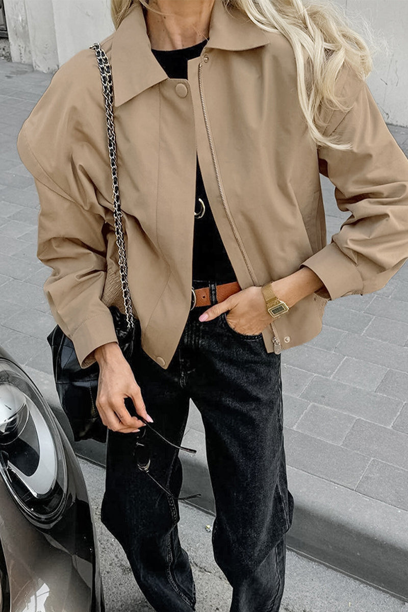 Women's french lapel zipper closure cargo jacket