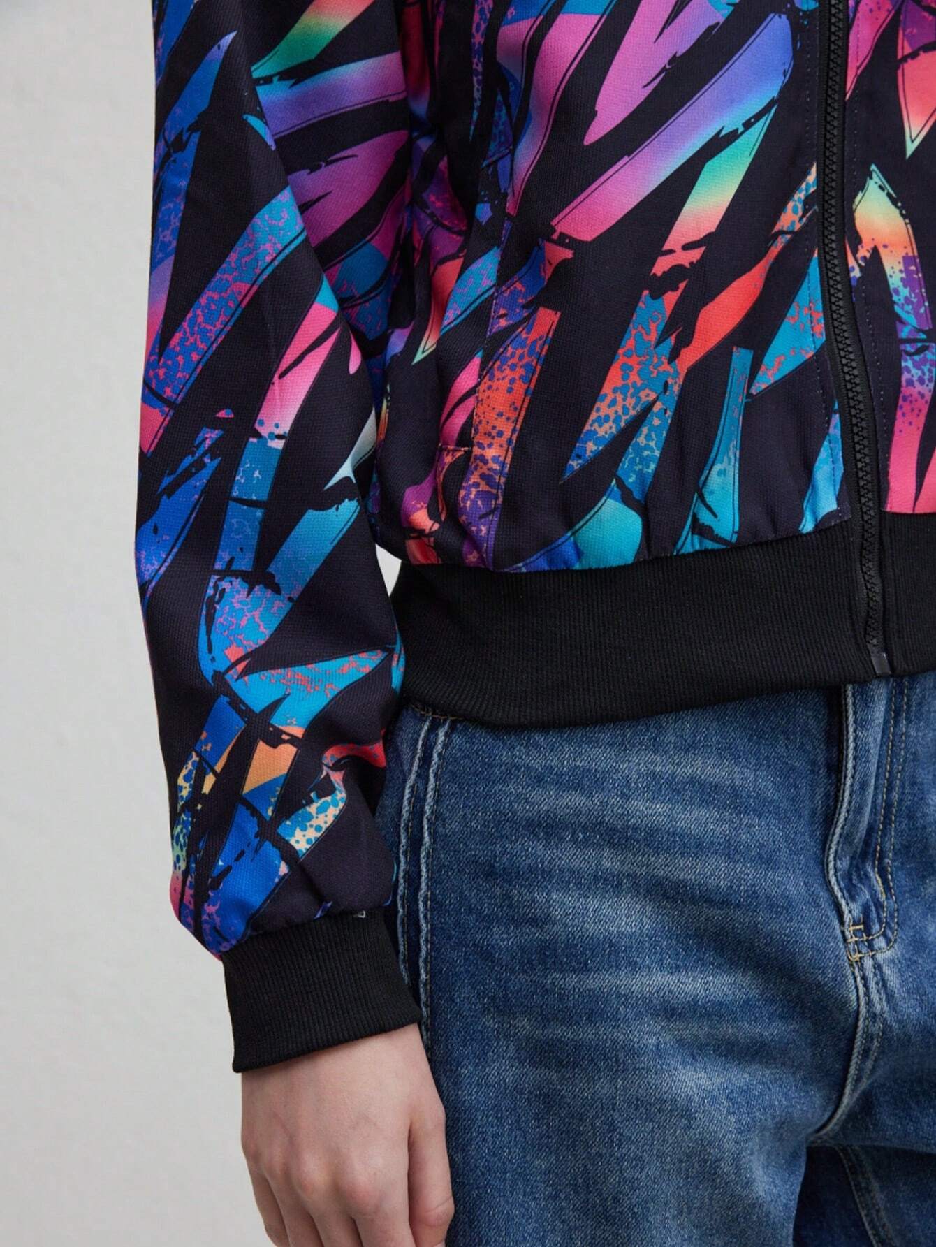 Reflective Cropped Fit Abstract Print Bomber Jacket 