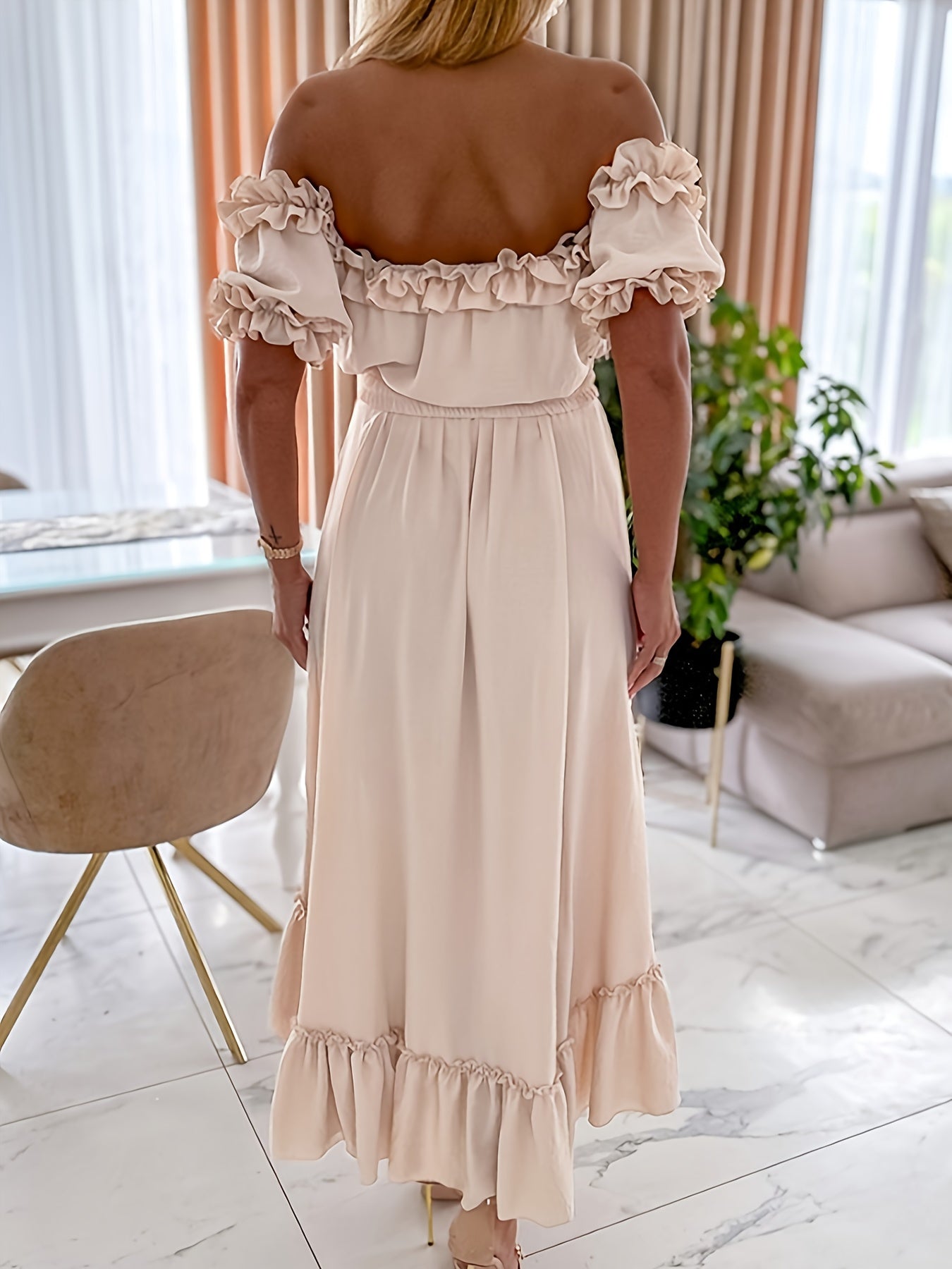 Off-shoulder ruffle high-low maxi dress with belt for women