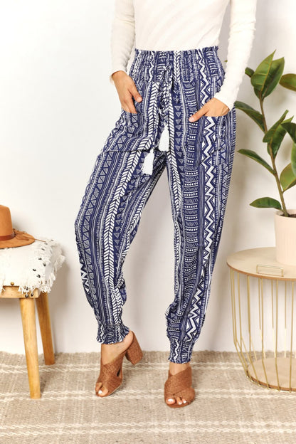 Womens geometric print high-rise tassel pants