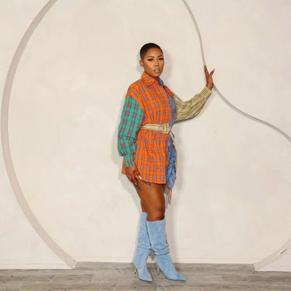 Women's Oversized Shirt Dress - Plaid Patchwork - Button-Up with Waist Tie