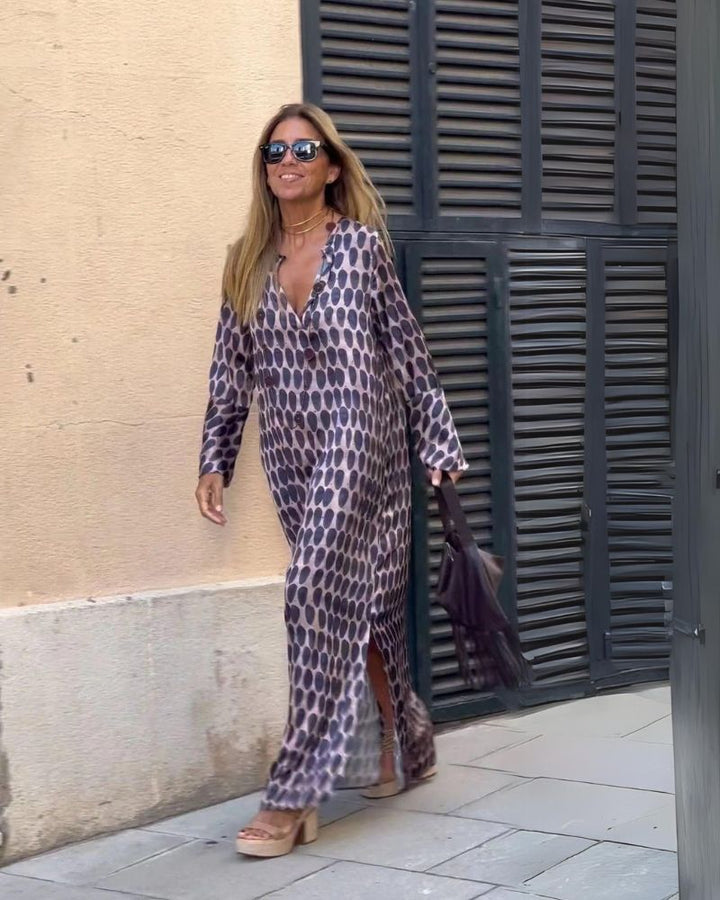 Women's Long-Sleeve Jumpsuit - V-Neck - Wide-Leg Flowing Fit - Geometric Pattern