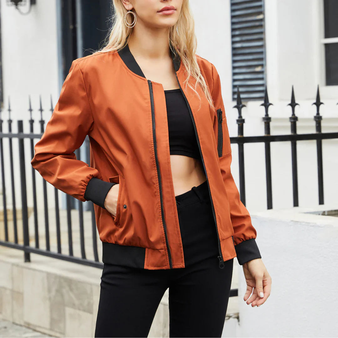 Women's Bomber Jacket - Zip Closure - Ribbed Cuffs & Hem - Casual Lightweight Fit