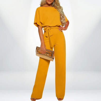 Women's Jumpsuit - Short Sleeve Boat Neck - Tailored Fit Wide-Leg - Belted Waist