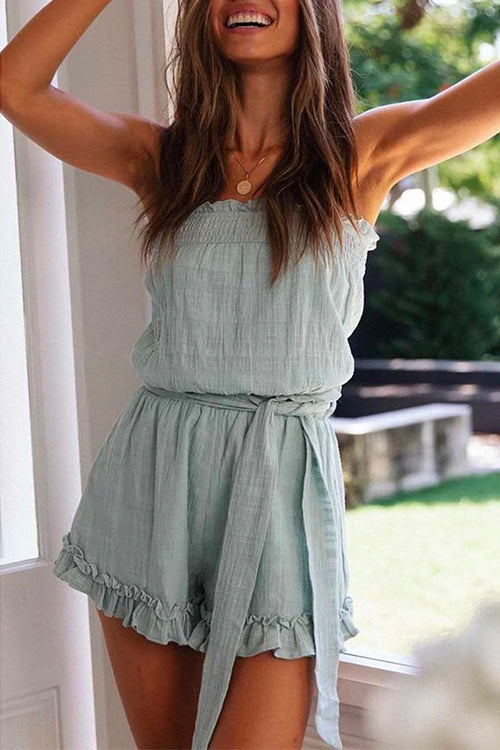 Women's Strapless Romper - Elastic Neckline - Tie Waist - Ruffled Hem - Lightweight