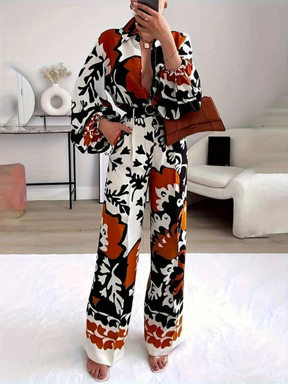 Women's elegant floral print two-piece ladies set