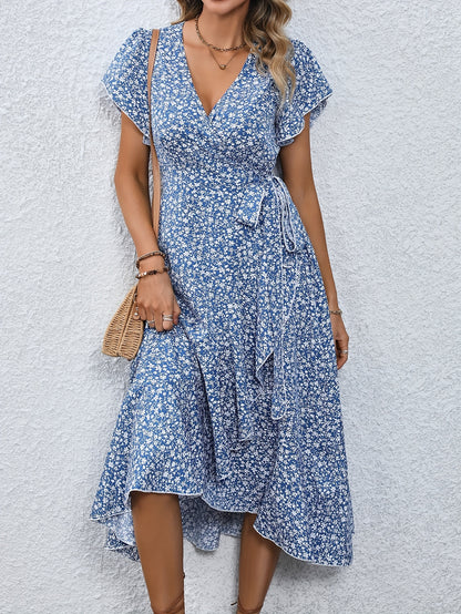 Women's Wrap Dress - Floral Print - V-Neck - Short Ruffle Sleeves - Midi Length