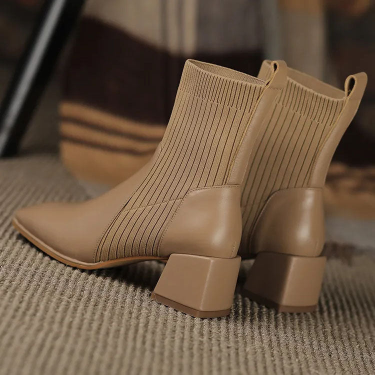Women's square toe martin boots with elastic knitted socks