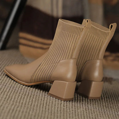 Women's square toe martin boots with elastic knitted socks