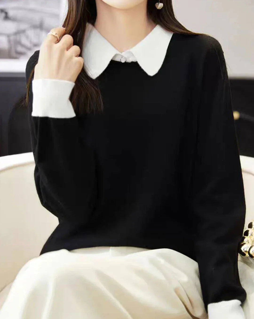 Women's elegant lapel knitted sweater