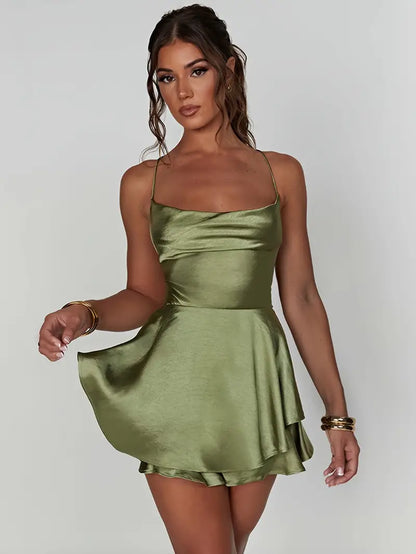 Women's Satin Mini Dress - Spaghetti Strap - Fitted Bodice - Elegant Evening Wear