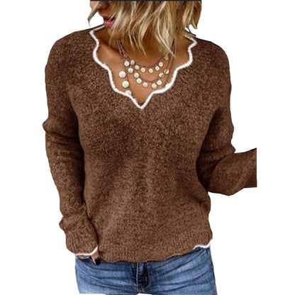 Women’s Sweatshirt – Relaxed Fit – Wool Knitted – Scalloped Neckline – Hip Length Pullover