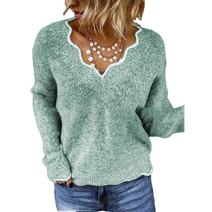 Women’s Sweatshirt – Relaxed Fit – Wool Knitted – Scalloped Neckline – Hip Length Pullover